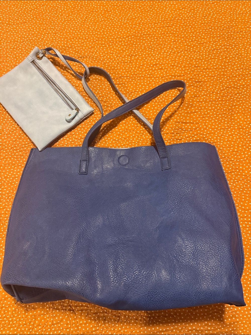 Under One Sky Blue/Light Blue Vegan Leather Reversible Tote with Matching Pouch